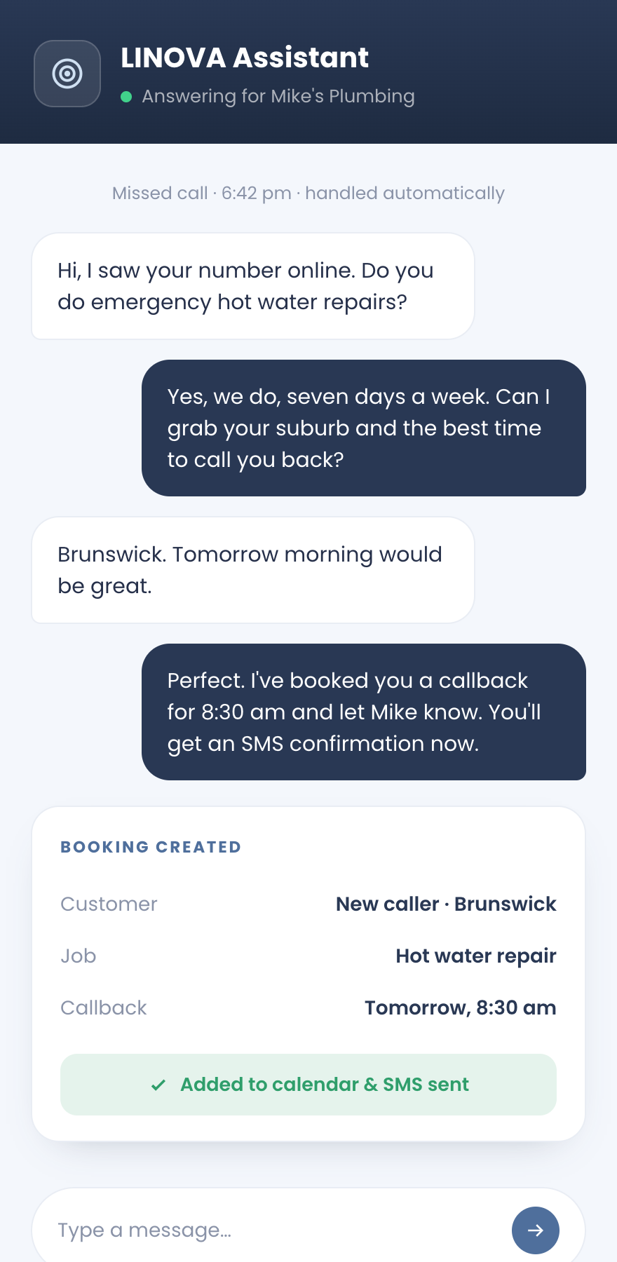 AI assistant handling a missed call